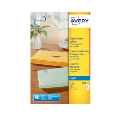 Immagine di Avery Zweckform J8562 25 etichette adesive trasparenti, formato etichetta 99.1 x 33.9mm, 16 per foglio, adesivo permanente, confezione da fogli