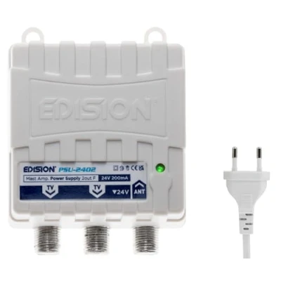 Immagine di EDISION PSU 2402 Alimentatore per Amplificatore da palo Antenna TV, con connettore F, DC 24V 200mA, Frequenze 5 862Mhz, 1 ingresso, 2 uscite