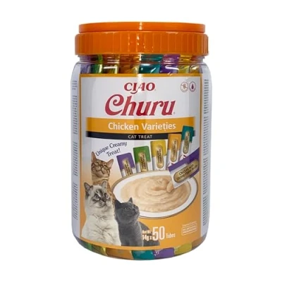 Immagine di INABA Churu Snack per Gatti Cremoso in 4 Varietà al Pollo 50 Stick x 14g Cibo da Leccare, Sano e Delizioso Gatto Senza Conservanti o Coloranti Artificiali, Grain Free
