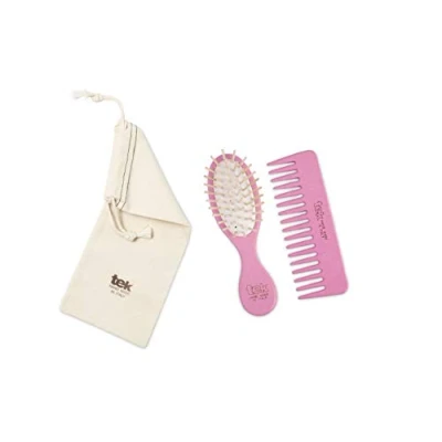 Immagine di TEK Kit da Borsetta: Spazzola Ovale Piccola e Pettine Piccolo Rado Rosa con Custodia in Cotone, per Capelli Normali Mossi, Handmade Italy