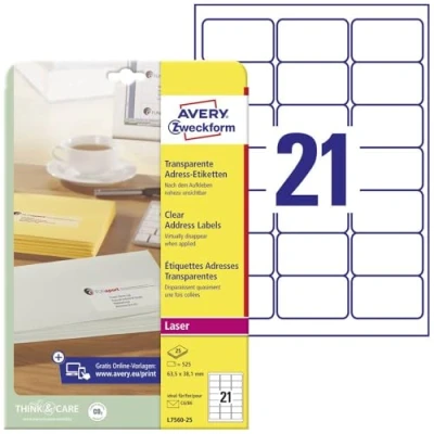 Immagine di Avery Zweckform L7560 25 Etichetta per indirizzo 63.5 x 38.1 mm Pellicola in poliestere Trasparente 525 pz. a tenuta permanente Stampante getto dinchiostro,