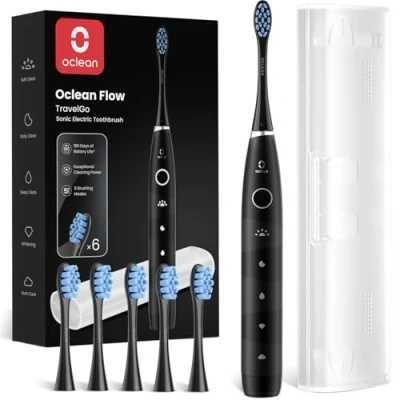 Immagine di Oclean spazzolino elettrico sonico Flow Gift Set, Ricarica ogni 180 giorni, 5 Modalità, Impermeabile IPX7, Timer da 2 minuti, 6 Testine DuPont™, Custodia viaggio, Nero