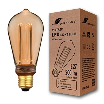 Immagine di greenandco® lampadina a LED di design vintage in stile retrò E27 ST64 4W 200lm 1800K 320 230V, ambra, nessun sfarfallio, non dimmerabile