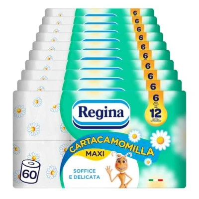Immagine di Regina Cartacamomilla 60 Rotoli di Carta Igienica, 300 Soffici Fogli a 3 Veli, Delicata e Consistente, Profumo Camomilla, Confezione in Riciclabile, 100% Certificata FSC