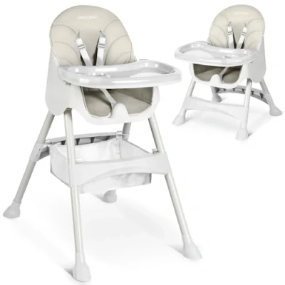 Immagine di Ricokids Seggiolone 3 in 1 per bambini a partire dai 6 mesi, con cintura di sicurezza, pieghevole, facile da pulire, struttura regolabile altezza, seduta rimovibile, cestino beige