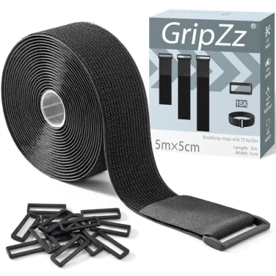 Immagine di GripZz Cinghia Resistenti Fascette Cavi Cinghie di fissaggio Gancio e Cappio 5 M x CM con 15 Fibbie, Regolabili, Tagliabili a Misura, Riutilizzabili per Fissare Cavi, Tubazioni, Tubi Molto Altro
