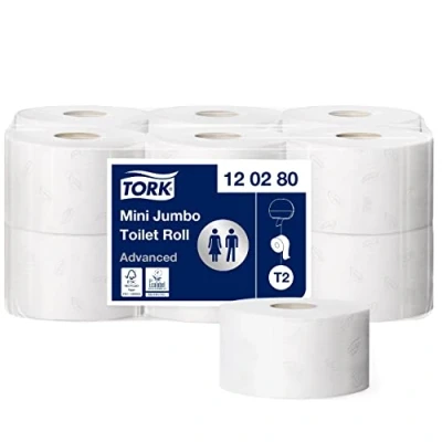 Immagine di Tork 120280 rotoli Carta Igienica Mini Jumbo Advanced, compatibili con sistema T2, 2 veli, 1 conf. x 12 (12 170 m), 850 strappi rotolo, bianco