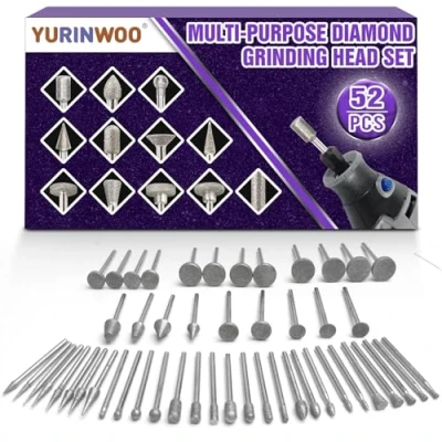 Immagine di Set di 52 punte diamantate multifunzione per intaglio in pietra, compatibili con Dremel, utensili rotanti, gambo da 3 mm, intaglio, lucidatura, molatura vetro,