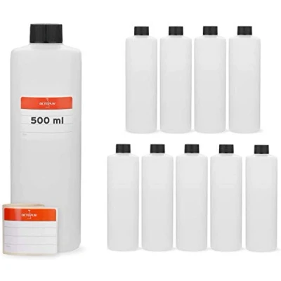 Immagine di 10 x bottiglie di plastica da 500 ml, in HDPE, rotonde con tappi a vite o coperchi neri, vuote filettatura 25 mm, etichette etichettatura incluse