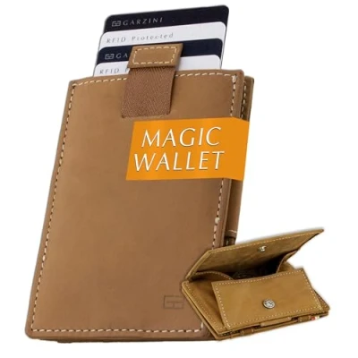 Immagine di GARZINI Portafoglio Magico in vera pelle, sottile e minimalista Magic Wallet da uomo con sistema di blocco RFID, custodia per le carte, linguetta estrazione portamonete