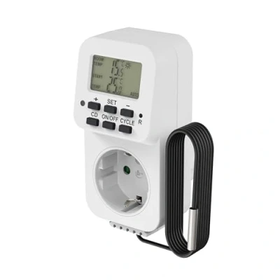 Immagine di conecto presa termostatica digitale, con sensore esterno e timer, per terrario, serra, affumicatore, riscaldamento, regolatore di temperatura, raffreddamento monitoraggio del gelo, 3600 watt, bianco
