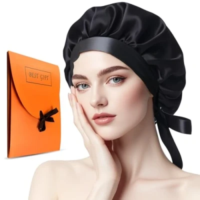 Immagine di Cofano di Seta Traspirante, Cuffia da Donna in Gelso Antiscivolo, per con Elastico, Cappello Notte Donna, Berretto Raso, Cura dei capelli(Nero)