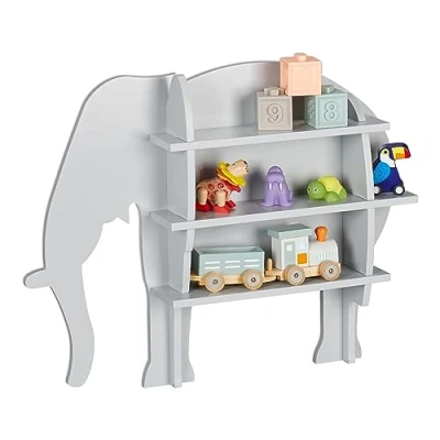 Immagine di Relaxdays Scaffale per Bambini, Libreria Design Elefante, Mobile da Parete con 2 Scomparti, HLP 50x63,5x10 cm, Grigio, Fibra di Legno