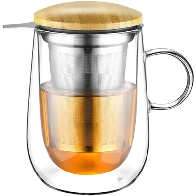 Immagine di glastal 430ml Tazze da the in Borosilicato Vetro a Doppia Parete Tazza Tè con Filtro Acciaio Inox Adatto per verde, Nero, Bustine di tè, Latte