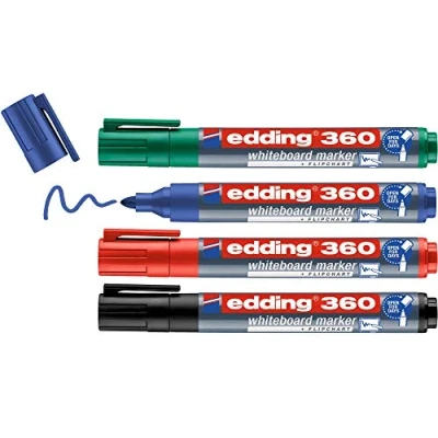Immagine di edding 360 Marcatore per lavagne bianche punta tonda; Astuccio 4 pz.; Colori nero, rosso, blu e verde; Tratto 1,5 3mm