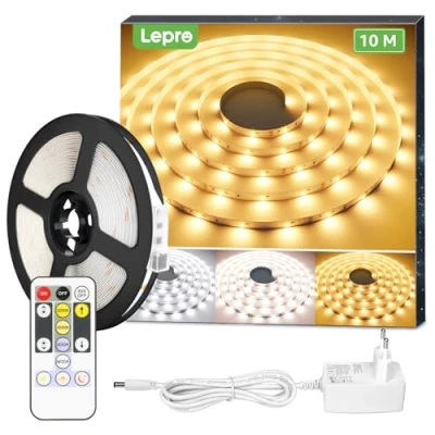 Immagine di Lepro 10M Striscia LED Dimmerabile, Bianco Caldo a Freddo Strisce Autoadesive, 3 Modalità, 600 SMD 2835, 24V Luminosa Flessibile per Decorazione Interna Casa Festa
