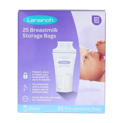 Immagine di Lansinoh Breast Milk Storage Bags Breastmilk Pouches for fridge or freezer use, store flat standing, BPA and BPS free, pre sterilised, double zipper seal, Pack of 25