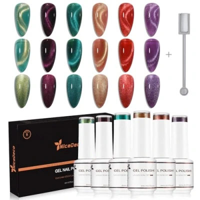Immagine di Nicedeco 6 Flaconi di Smalto Cat Eye Semipermanente per Unghie Colori Kit 8ML magneticp Lampada UV LED Soak Off Gel Nail Polish Set 43
