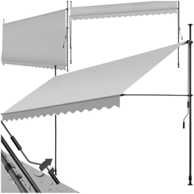 Immagine di tectake® Tenda da Sole a Morsetto con Manovella, Altezza e Inclinazione Regolabile, Telo Impermeabile Resistente ai Raggi UV, Ideale per Balcone Terrazzo, 400x180cm Grigio Chiaro