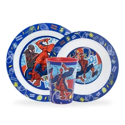 Immagine di Sorrisini Set Stoviglie Bambini Piatti per asilo, scoula Pappa Bimbo piatto, ciotola, bicchiere 260 ml Svezzamento Prima in plastica dura riutilizzabile Spiderman