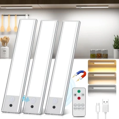 Immagine di Luce Armadio Led con Sensore, 3PCS Sottopensile Cucina Telecomando, Sottopensile, 3000K 6500K Dimmerabile Sensore Movimento per Scale Corridoio Garage Letto