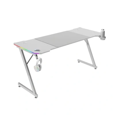Immagine di MARSGAMING MGD X160RGB, Scrivania Gaming Ergonomica, Illuminazione ARGB con Telecomando, Fibra di Carbonio, Tappetino XXL, Supporto Cuffie e Bevande, Gestione Cavi, 160x60cm, Bianco