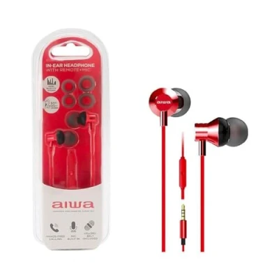 Immagine di Aiwa ESTM 50RD Auricolari Stereo In Ear Leggeri e Compatti, con Telecomando Microfono Vivavoce, Audio di Qualità, Connettore Placcato Oro da 3,5’’, Colore Rosso
