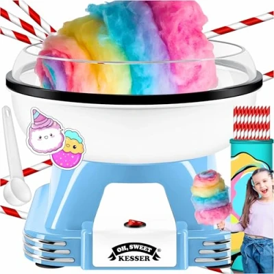 Immagine di KESSER® Set di Macchine per Zucchero Filato la Tua casa, con 30 Bastoncini e cucchiai dosatori Macchina retrò Cotton Candy, Accessori Altezza 22 cm 500 W Blu Bianco