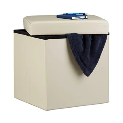 Immagine di Relaxdays Sgabello, Coperchio, Pouf Contenitore, Poggiapiedi, in Ecopelle, H x L P: 38 cm ca.. crema