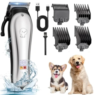 Immagine di Tosatrice per Cani Professionale, Gatti Pelo Lungo Ricaricabile con Display a LED Tosatrici Elettriche Toelettatura,Toelettatura Accessori Cavo USB Strumento di Pulizia (Argento)