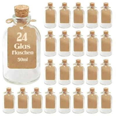 Immagine di casavetro Set di 24 Piccoli bottiglia miniatura 50 TR, Filo Fissaggio e Etichetta vaso, in Vetro Trasparente Bianco, x Vase