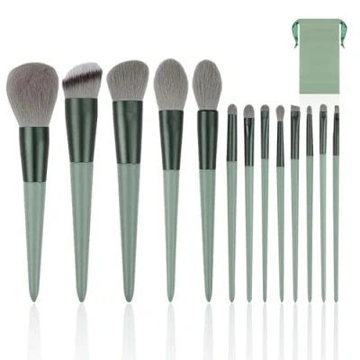 Immagine di 13 pennelli da trucco, 1 sacchetto di velluto, set professionale setole sintetiche alta qualità, strumenti bellezza con morbide per trucco e (verde)