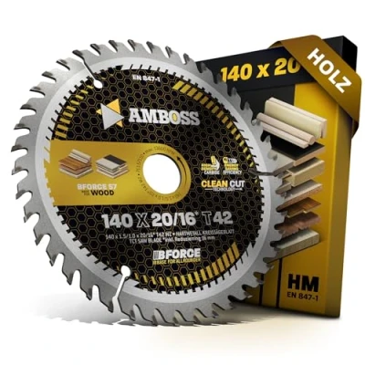 Immagine di AMBOSS WERKZEUGE® Lama per sega circolare 140 x 20 16 Z42, denti alternati batteria, legno taglio fine mm + anello riduttore mm. compatibile con DeWALT DC373N.