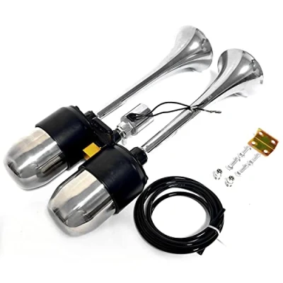 Immagine di YIYIDA Clacson per auto nave Prolunga il suono Tromba d&#039;aria Zinco cromato Doppio argento camion con serbatoio in acciaio inossidabile 304 Horn 24v 12v yacht ecc