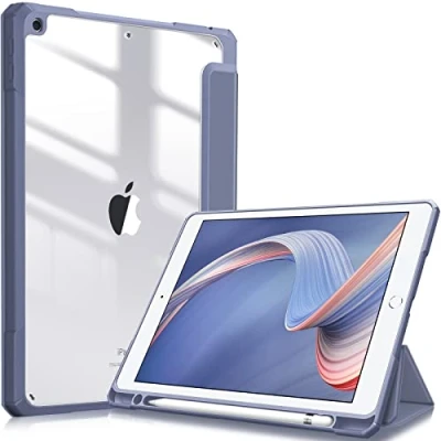 Immagine di FINTIE Custodia per iPad 10.2 Pollici 9a / 8a 7a Generazione (2021 2020 2019) [Built in Pencil Holder] Antiurto Sottile Case Posteriore Trasparente Cover con Auto Sveglia/Sonno, Lavenda Grigio