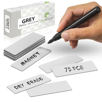 Immagine di 2DOBOARD Strisce magnetiche scrivibili 7,5 cm x 2,5 grigio 75 pezzi Targhe da scrivere per frigorifero, lavagna e Etichette