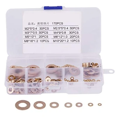 Immagine di rondelle in ottone, kit assortimento di per guarnizioni da 180 pezzi, set tenuta piatte metriche, M2 / M2.5 M3 M4 M5 M6 M8 M10, viti e anelli