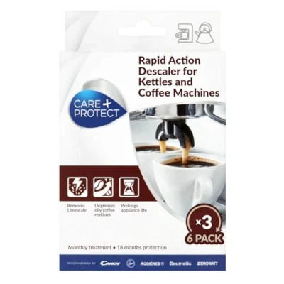 Immagine di CARE + PROTECT Decalcificante per Macchina da Caffè e Bollitori, Universale, Elimina calcare residui di Tè, 6 Buste Monodose in Polvere *3, Maxi