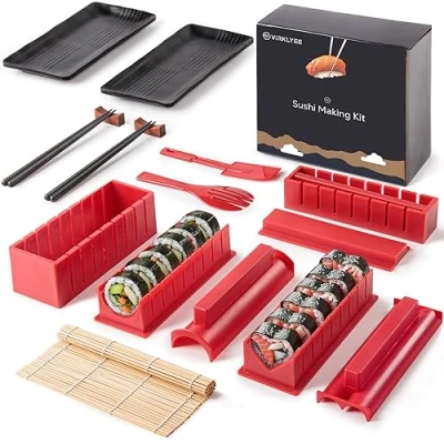 Immagine di Virklyee sushi Maker set 17 PCS DIY Making Tools Principianti Facile 8 Stampi, Forchetta e Spatola,Bacchette, piatti, Un adatto agli amanti del (Rosso)