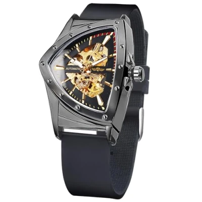 Immagine di FORSINING orologio scheletrato da uomo, meccanico automatico con quadrante triangolare, luminoso a carica automatica, cinturino in acciaio inossidabile o silicone morbido,