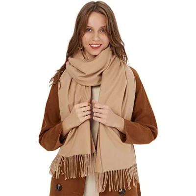 Immagine di MaaMgic Sciarpa con Frange in Tinta Unita Pashmina da Donna Morbida e Soffice di Misto Cotone per Autunno Invernale 200 * 70cm, Beige Camello
