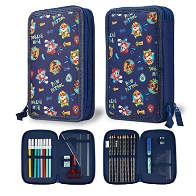 Immagine di Paw Patrol Astuccio Scuola Triplo Doppio Porta Penne Completo di Cancelleria Grande Marshall Chase Rubble Skye Back to School (Navy Doppia Zip)