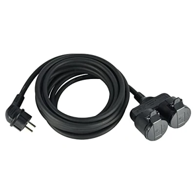 Immagine di Electraline 55093 Prolunga 5 M da Cantiere in Gomma Neoprene H07RN F 3G1.5, Multipresa con Doppia Presa Coperchio IP44 per Ambienti Esterni, Spina Schuko, Nero, Doppelt