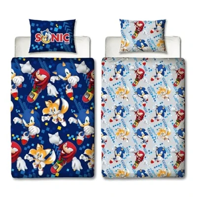 Immagine di Character World Sonic The Hedgehog set copripiumino singolo ufficiale con design rimbalzante, reversibile, su 2 lati, federa coordinata, per letto singolo, colore: blu