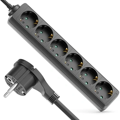 Immagine di deleyCON 6 Scomparti per Presa di Corrente con Connettore Piatto Cavo Elettrico Interni 5 m a Contatto Robusto Alloggiamento in Plastica Nero
