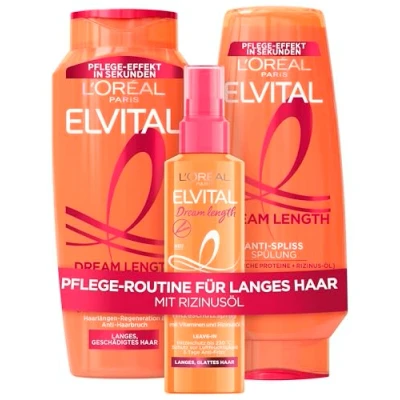 Immagine di L&#039;Oréal Paris Elvital Dream Length Set: shampoo da 300 ml, balsamo 250 ml e spray di protezione dal calore, 150 contro le doppie punte, con olio ricino, vitamine proteine