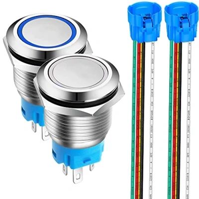 Immagine di Gebildet 2 pezzi 19mm Pulsante Momentaneo in Acciaio Inossidabile, 12V 24V 5A LED 1NO1NC SPDT ON Off Temporaneo Bottone Impermeabile con Spina a Filo (Blu + Bianca)