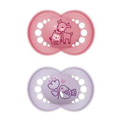 Immagine di MAM Ciuccio a partire da 6 mesi, con tettarella simmetrica, piatta e flessibile in silicone skin soft facile accettazione, scatola autosterilizzante, originale, rosa opaco, confezione