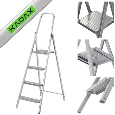 Immagine di KADAX scala unilaterale in acciaio con piedini antiscivolo, a gradini, ripiano, pioli, pieghevole, domestica gradini larghi (4 livelli)