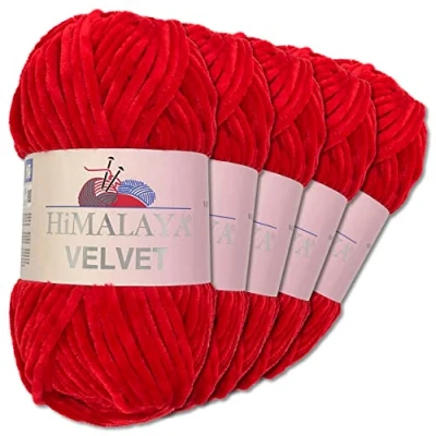 Immagine di Wohnkult “Himalaya Velvet Gomitolo di lana soffice, 5 gomitoli da 100 g, per accessori, indumenti e coperte, 40 colori a scelta (90018 rosso)